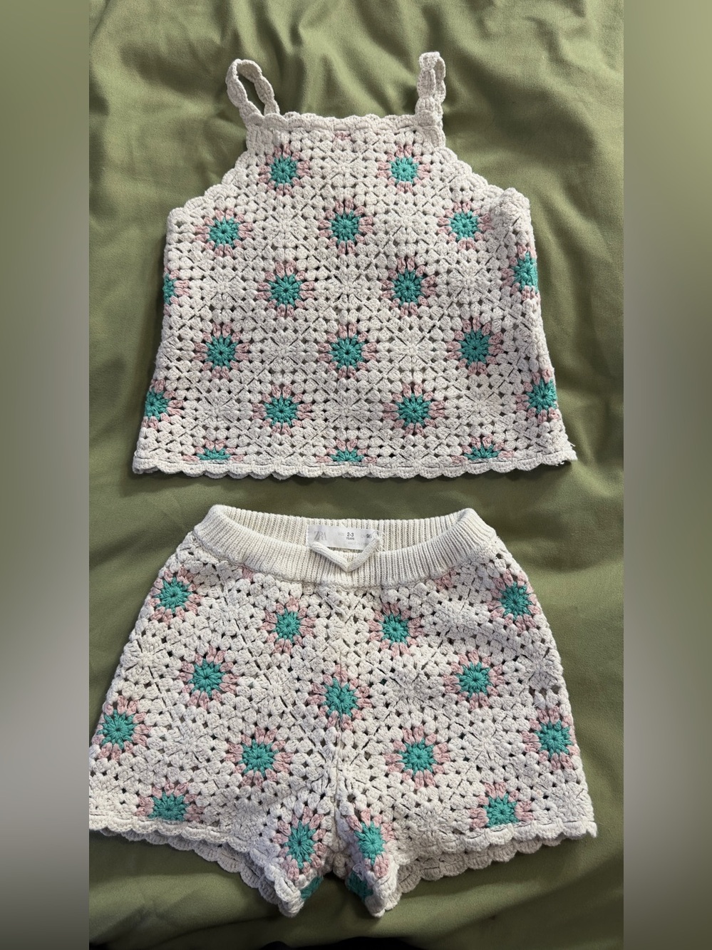 Zara White Crochet Floral Tank & Shorts Set with Mint and Pink Accents